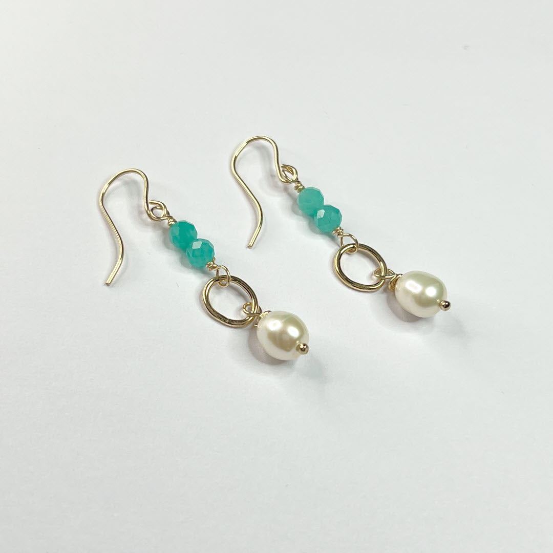 Amazonite and Pearl Drop Dangle Earrings, 14K Gold Fill