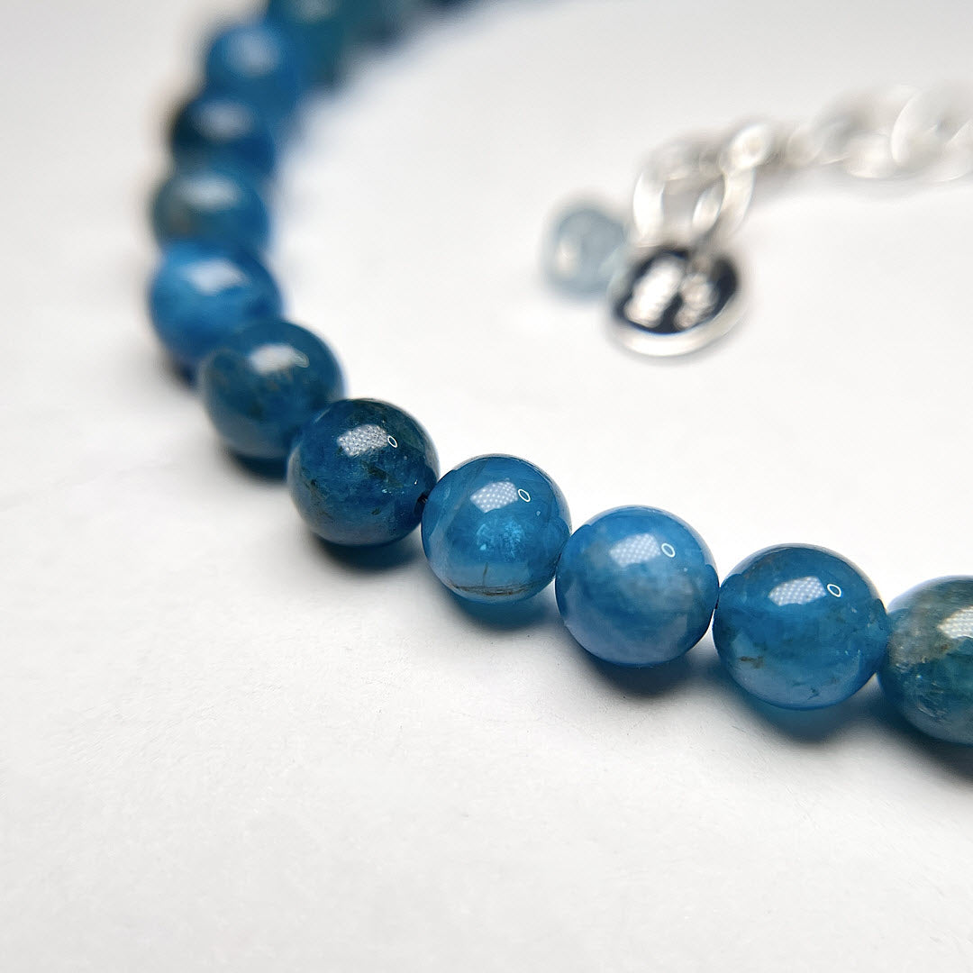 Deep teal-turquoise colored neon apatite beaded necklace with sterling silver clasp and extender