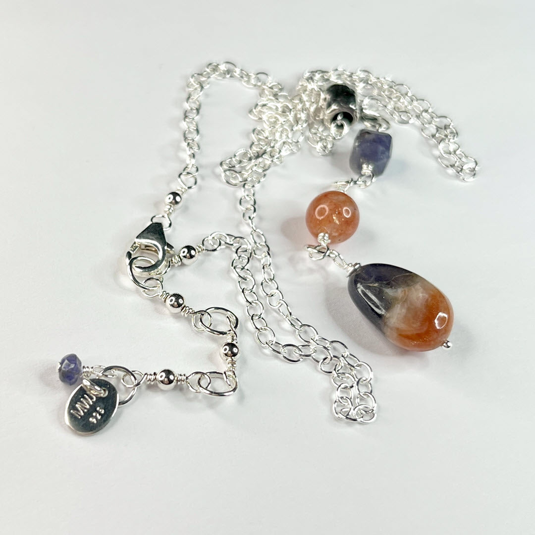 Iolite and Sunstone Triple Drop Pendant Necklace, Sterling Cable Chain