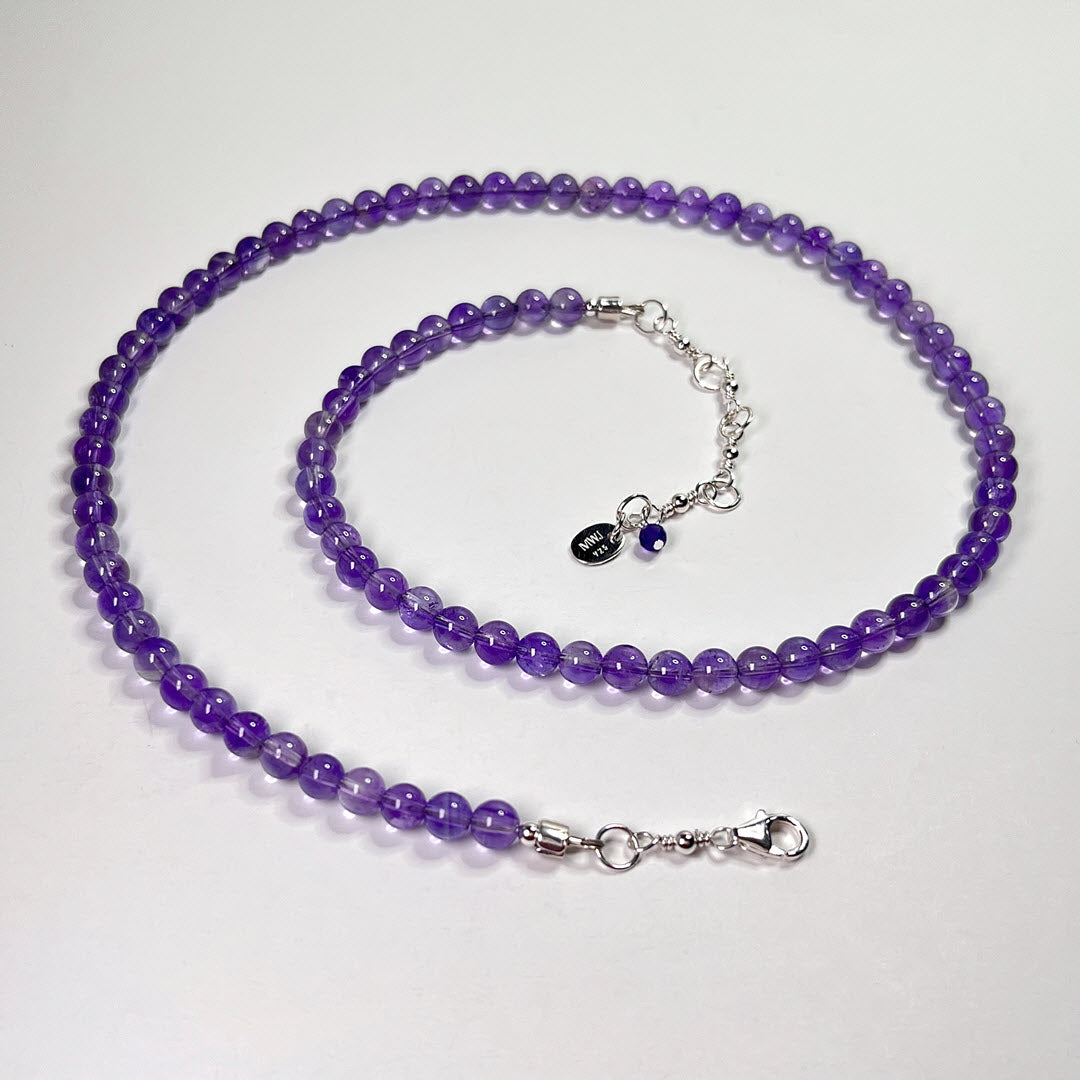 Medium purple amethyst beaded necklace with sterling silver clasp and extender