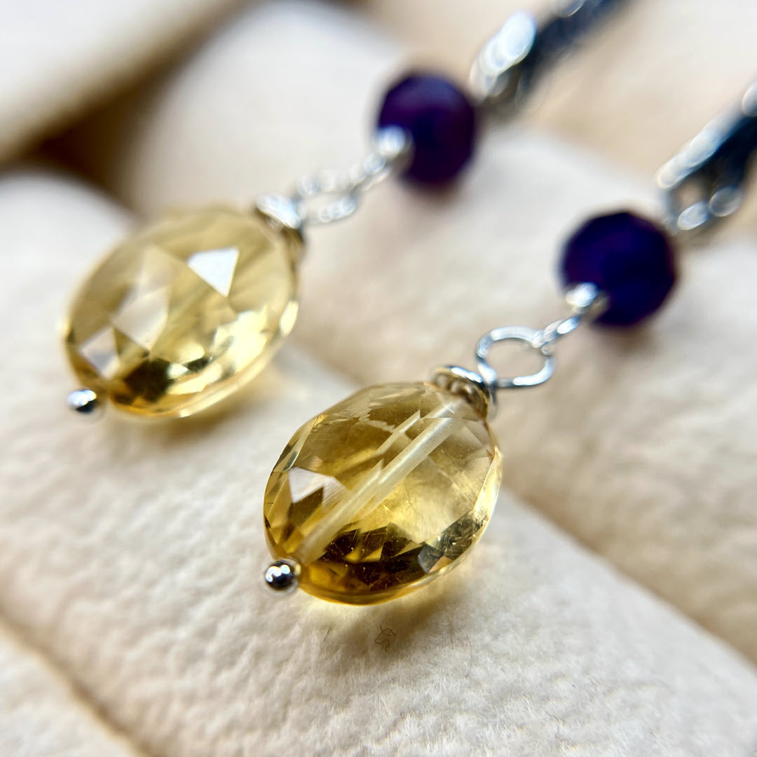 Amethyst and Citrine Long Dangle Earrings, Sterling