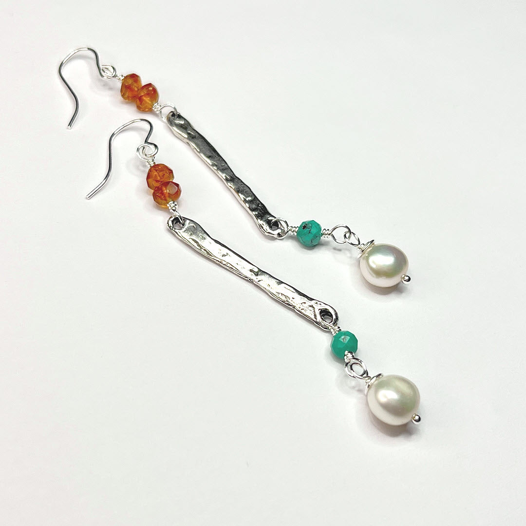 Brandy Citrine, Hubei Turquoise and Pearl Long Dangle Earrings, Sterling