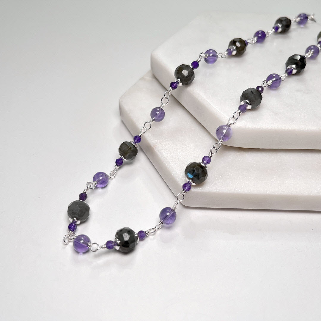 Chunky Labradorite and Amethyst Necklace, Sterling
