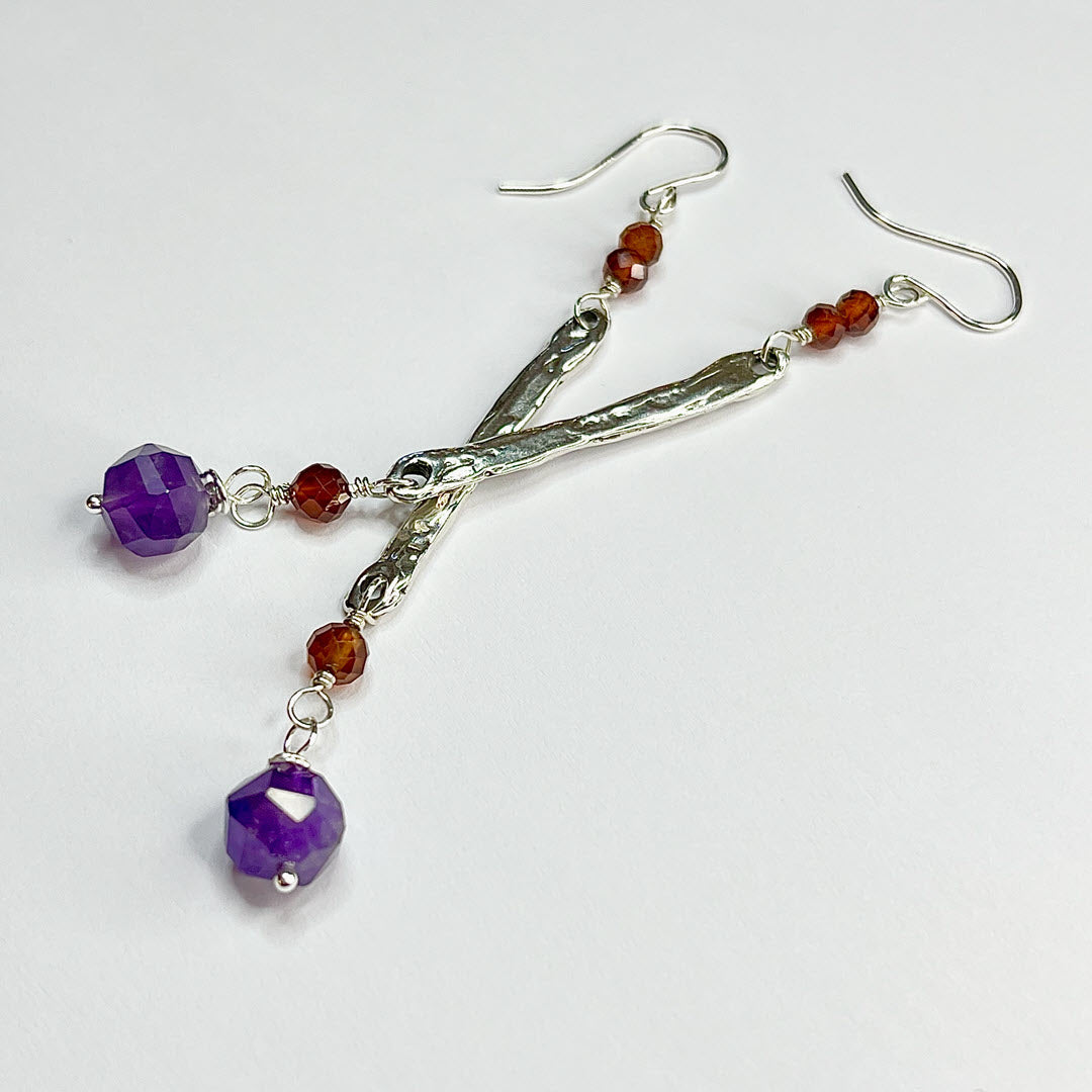 Hessonite and Amethyst Long Dangle Earrings, Sterling
