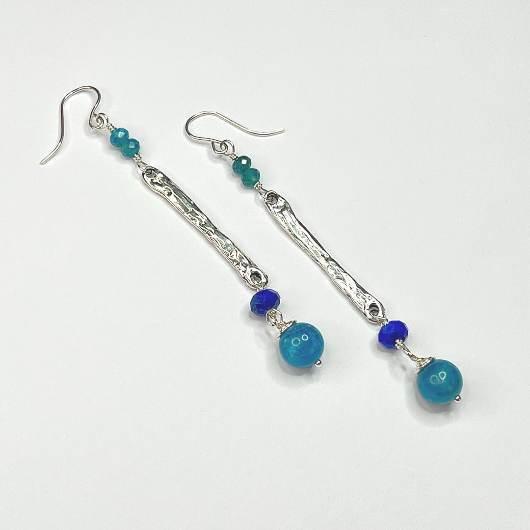 Apatite and Lapis Long Dangle Earrings, Sterling