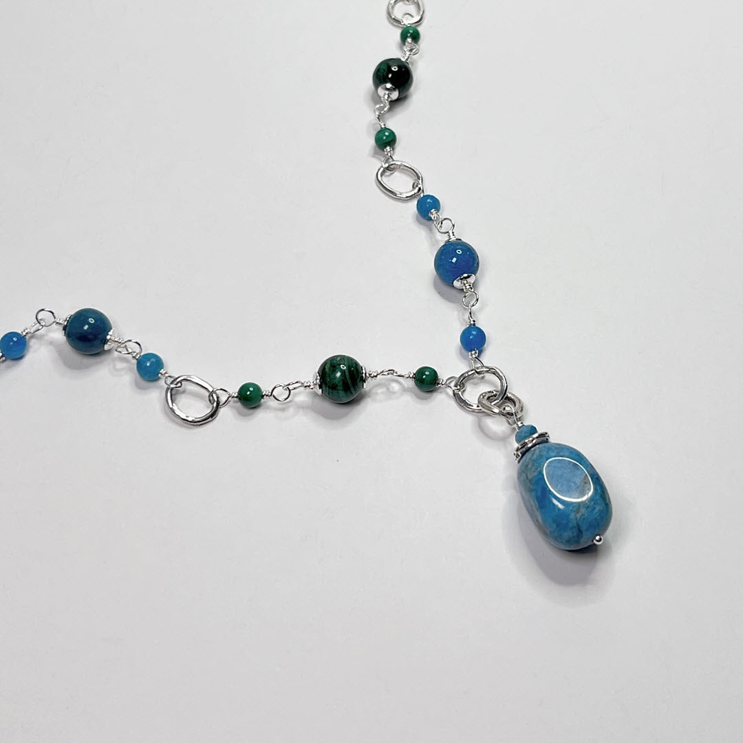 Gemstone and sterling silver link necklace with deep green malachite, neon blue apatite and blue apatite pendant