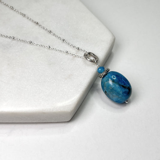 Blue Apatite Pendant With Sterling Link