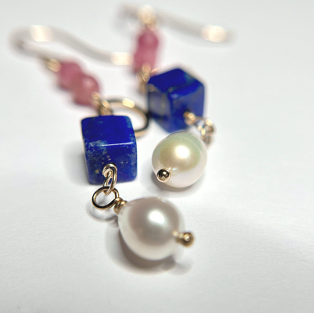 Rhodonite, Lapis Cube and Pearl Drop Dangle Earrings, 14K Gold Fill