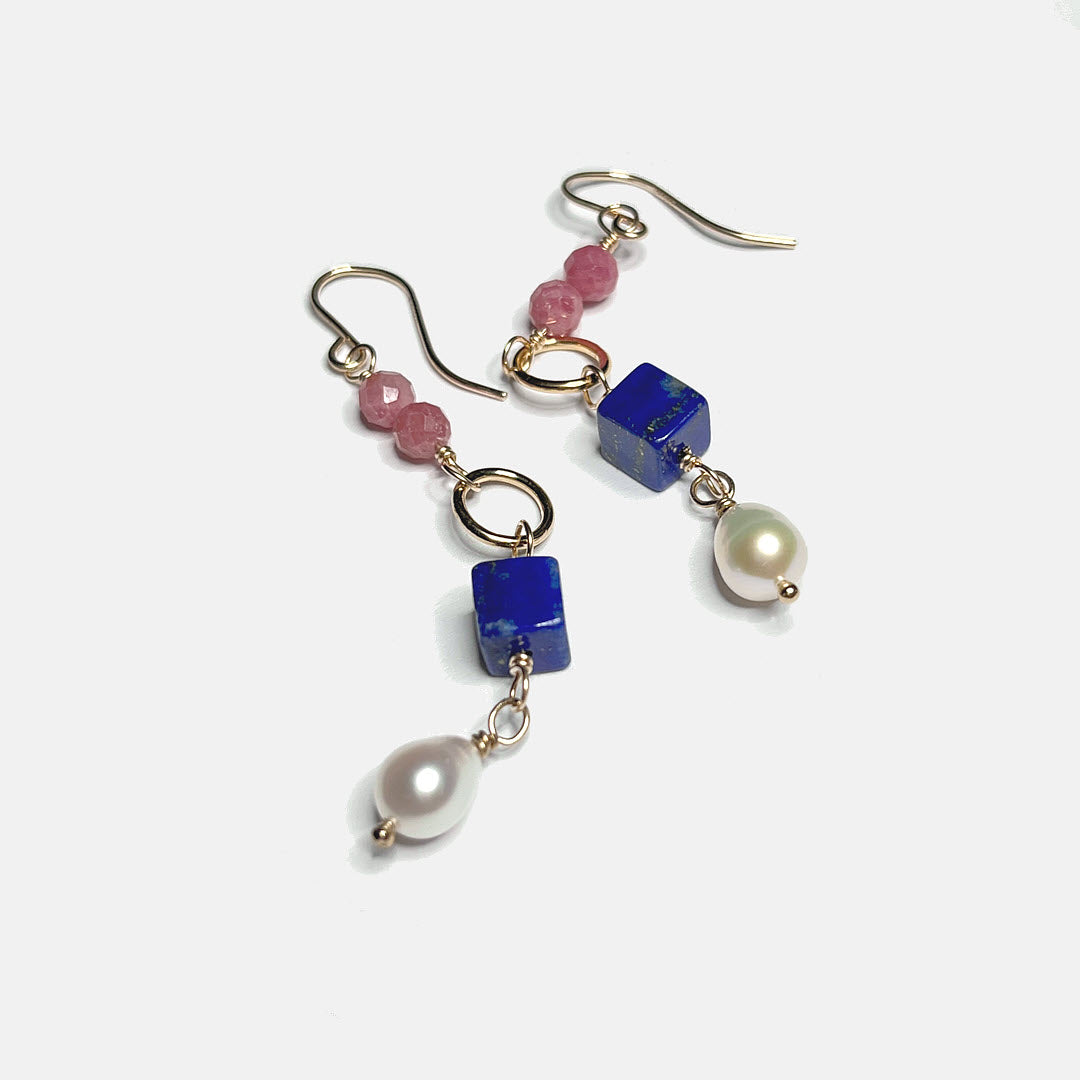 Rhodonite, Lapis Cube and Pearl Drop Dangle Earrings, 14K Gold Fill
