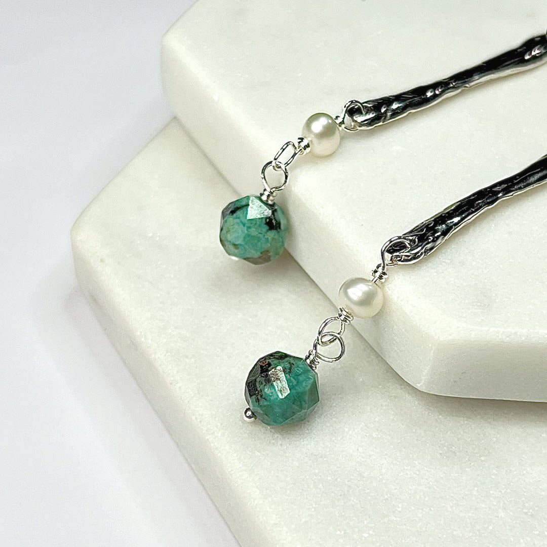 Amazonite, Pearl and African Turquoise Long Dangle Earrings, Sterling