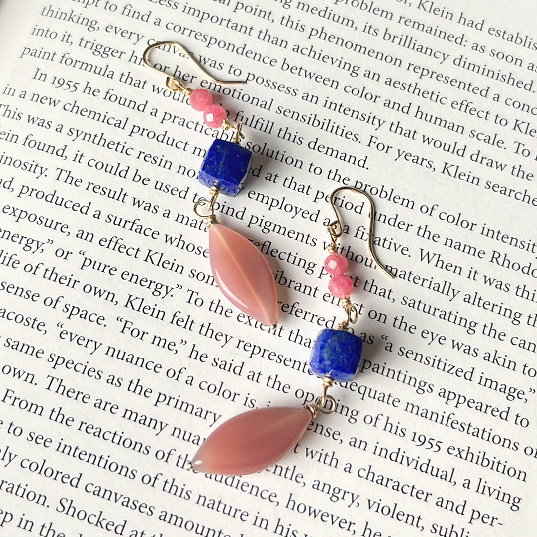 Rhodonite, Large Lapis Cubes and Botswana Marquise Dangle Earrings, 14K Gold Fill