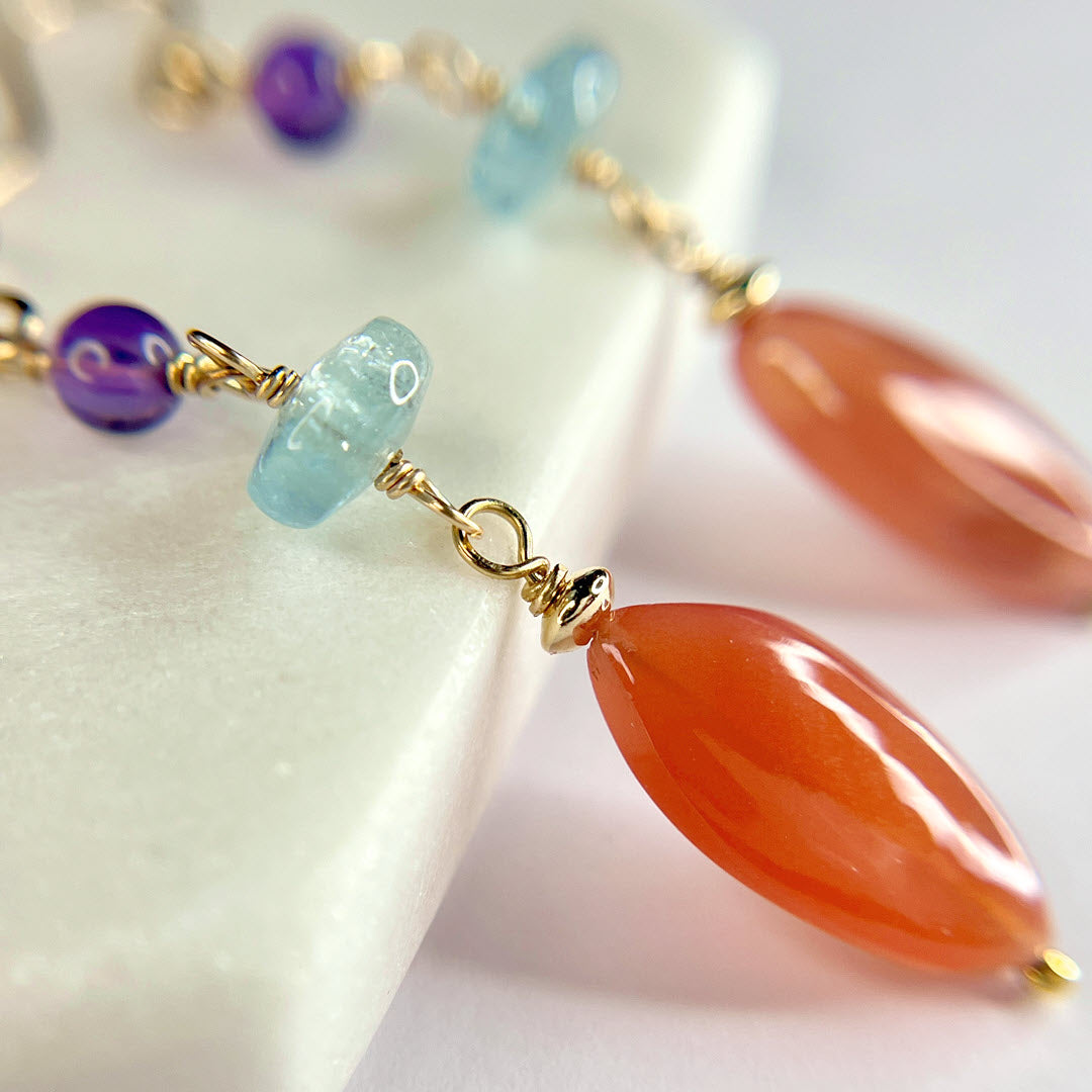 Pink Botswana Agate, Amethyst and Aquamarine Marquise Earrings, 14K Gold Fill