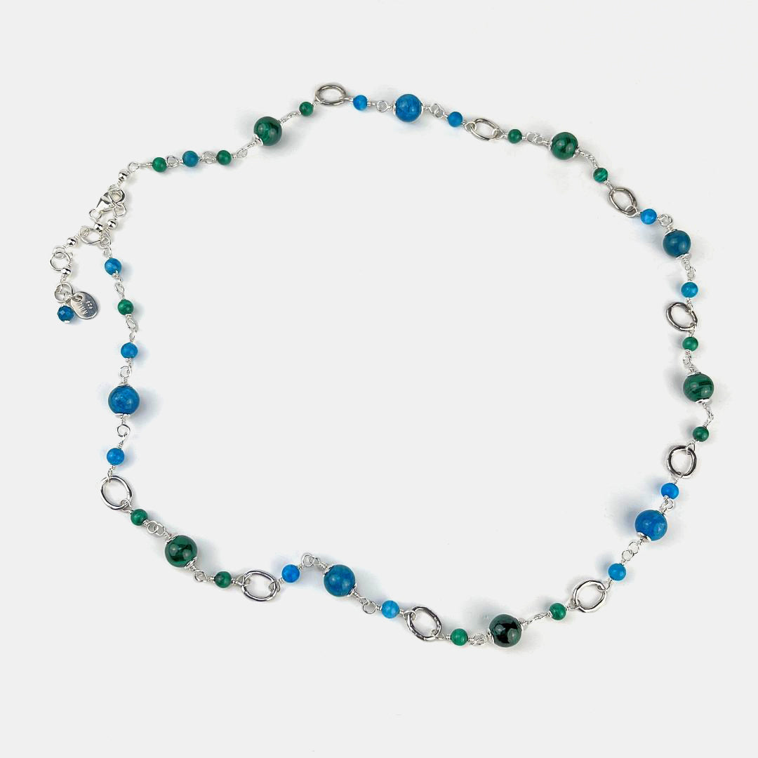 Neon Apatite and Malachite Necklace With Links, Sterling