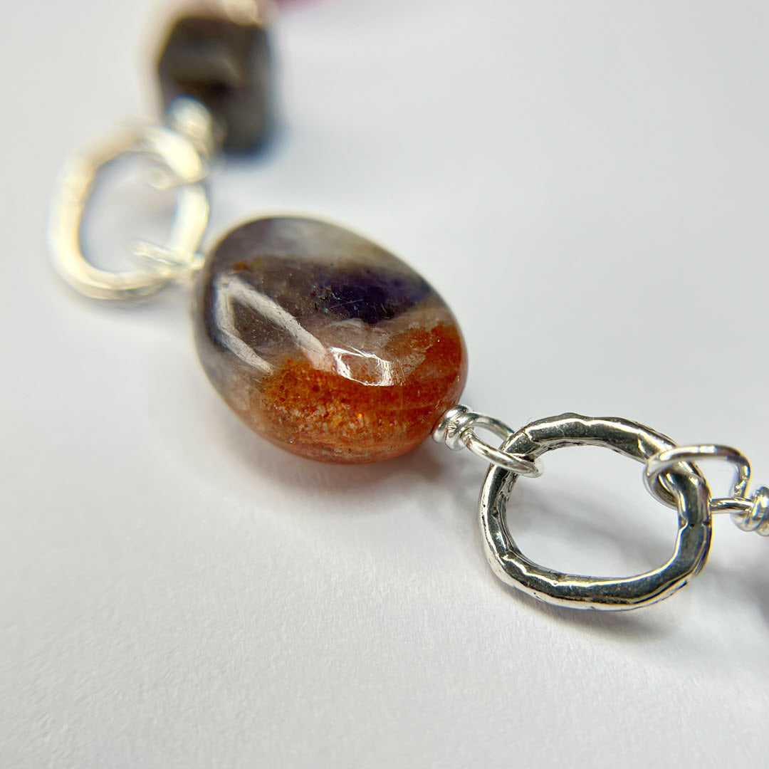 Iolite, Carnelian, and Iolite-Sunstone Link Necklace, Sterling