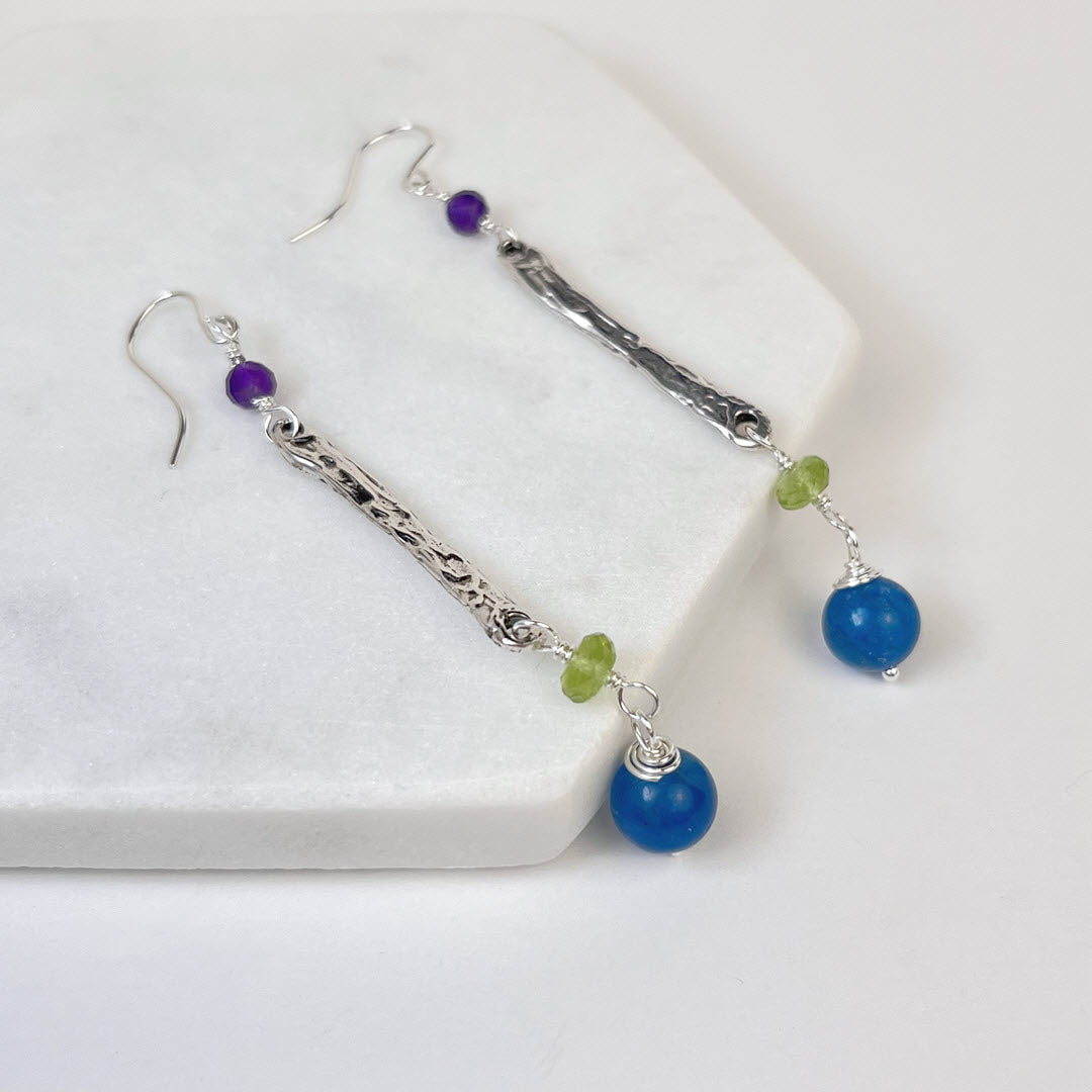 Amethyst, Peridot and Apatite Long Dangle Earrings, Sterling