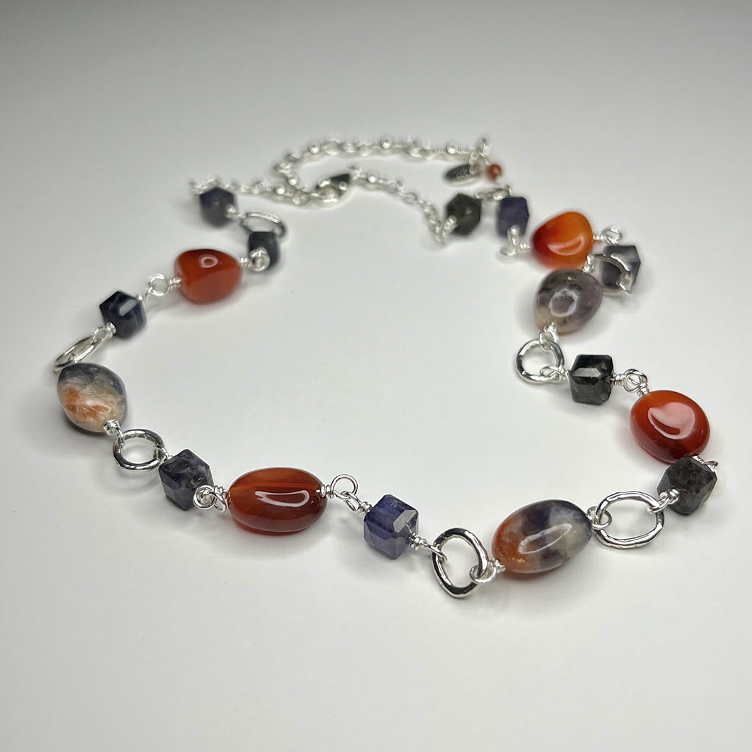 Iolite, Carnelian, and Iolite-Sunstone Link Necklace, Sterling