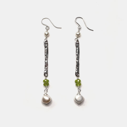 Peridot and Pearl Long Dangle Earrings, Sterling