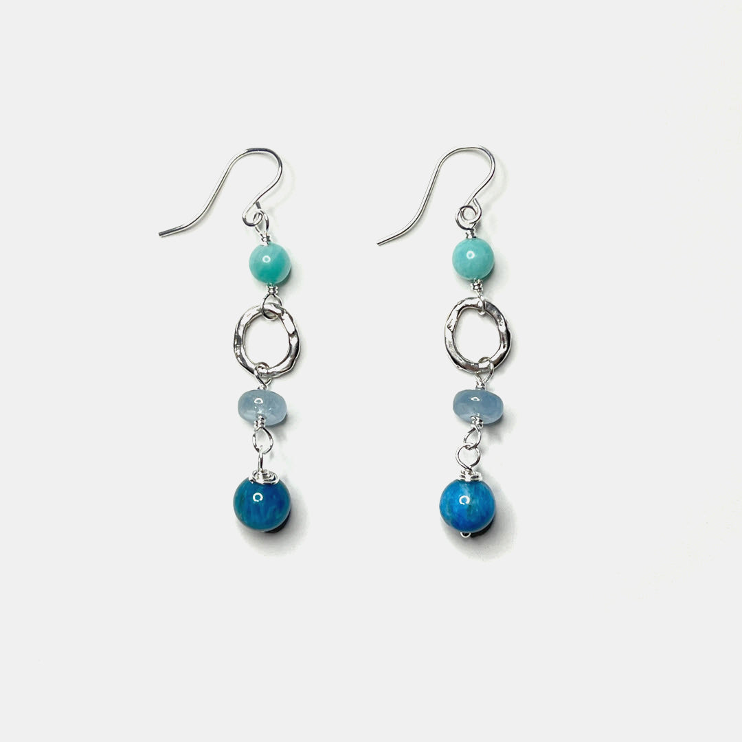 Amazonite, Aquamarine and Neon Apatite Earrings With Link, Sterling