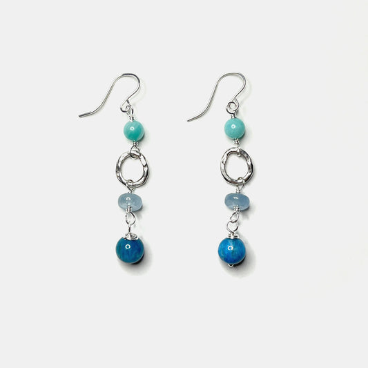 Amazonite, Aquamarine and Neon Apatite Earrings With Link, Sterling