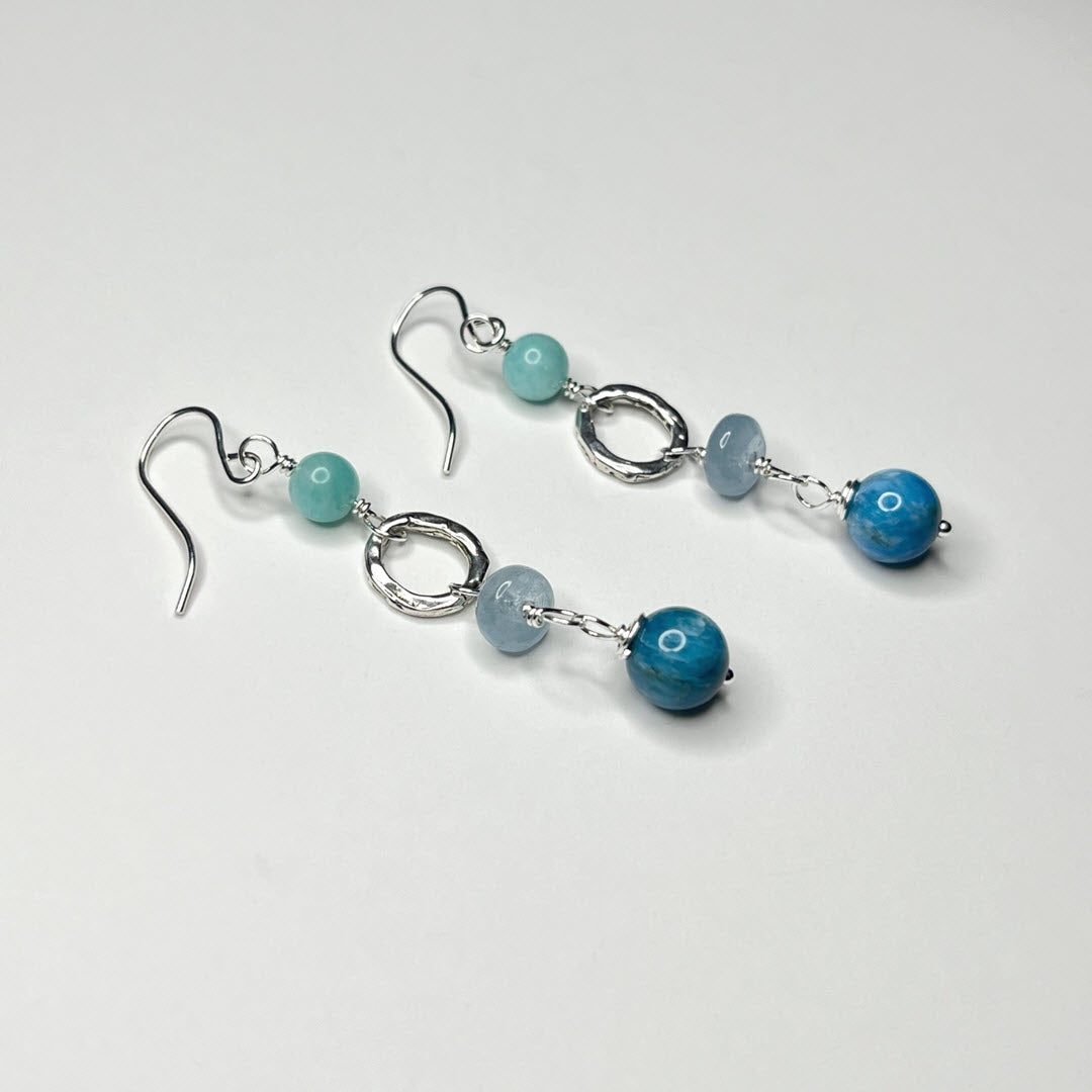 Amazonite, Aquamarine and Neon Apatite Earrings With Link, Sterling