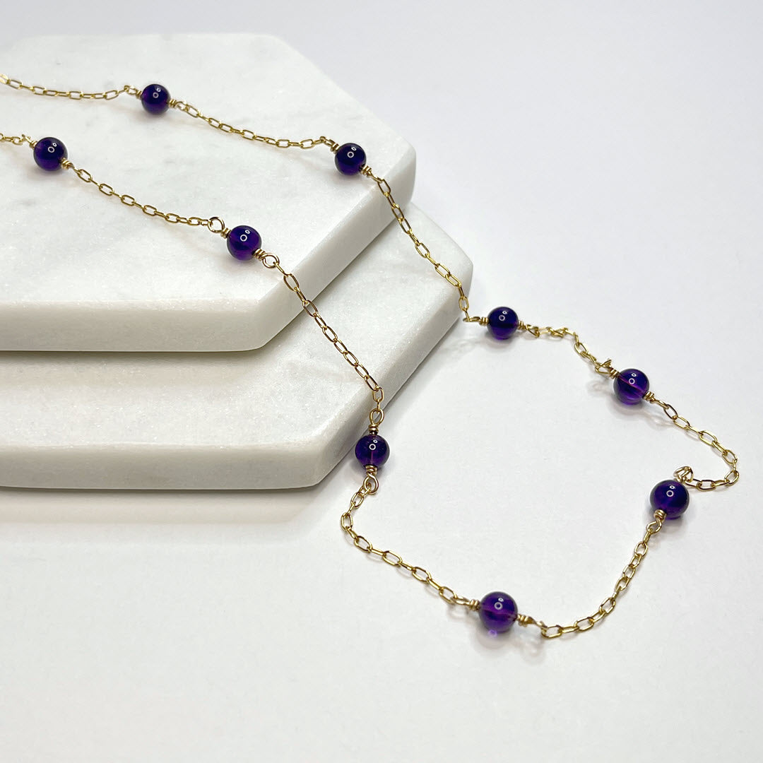 Amethyst 11-Stone 22” Station Necklace, 14K Gold Fill