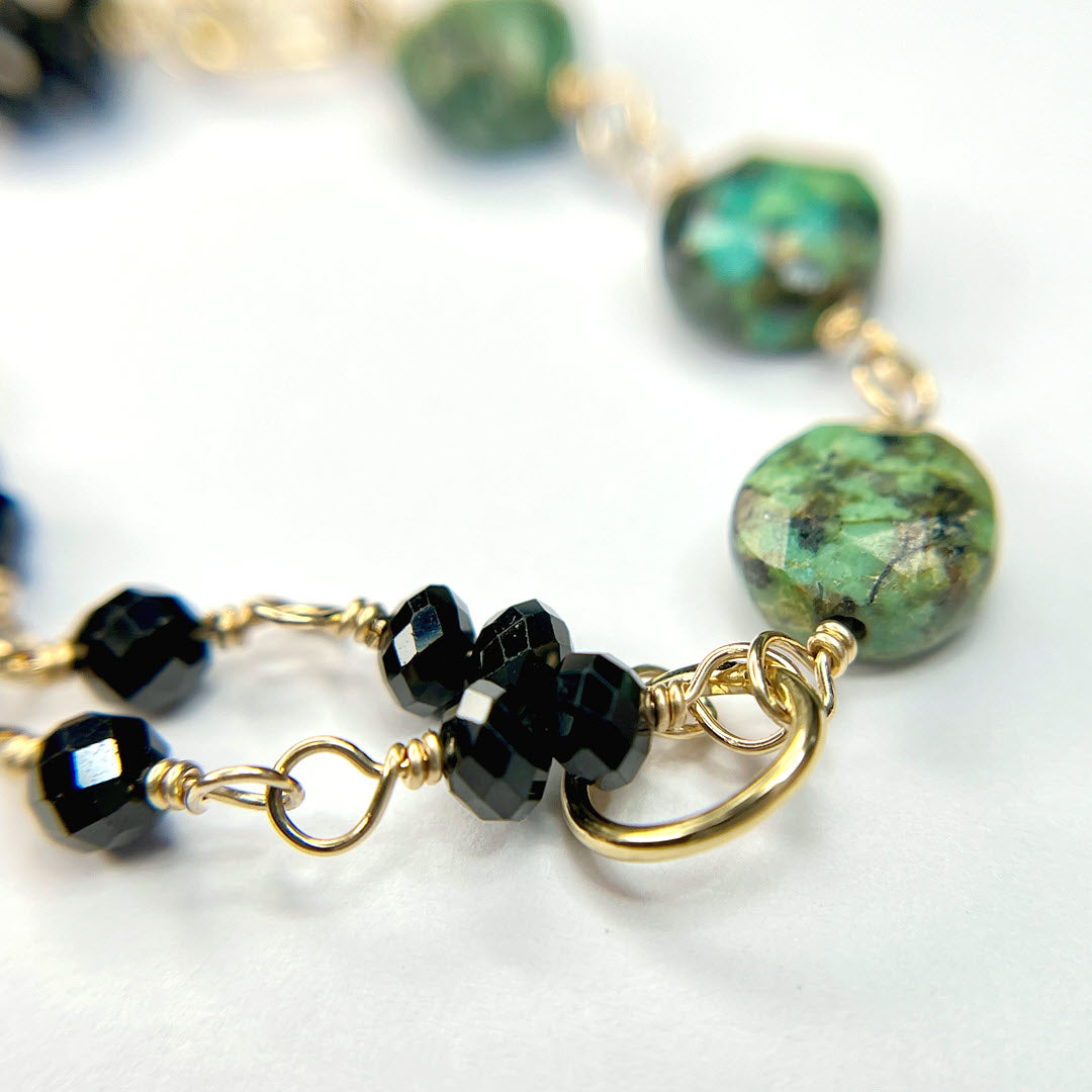 Black Spinel Double Open Row Bracelet With African Turquoise, 14K Gold Fill