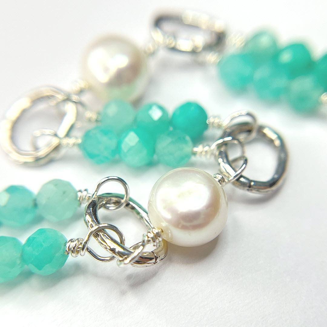 Amazonite Double Row Bracelet With Pearls, Sterling