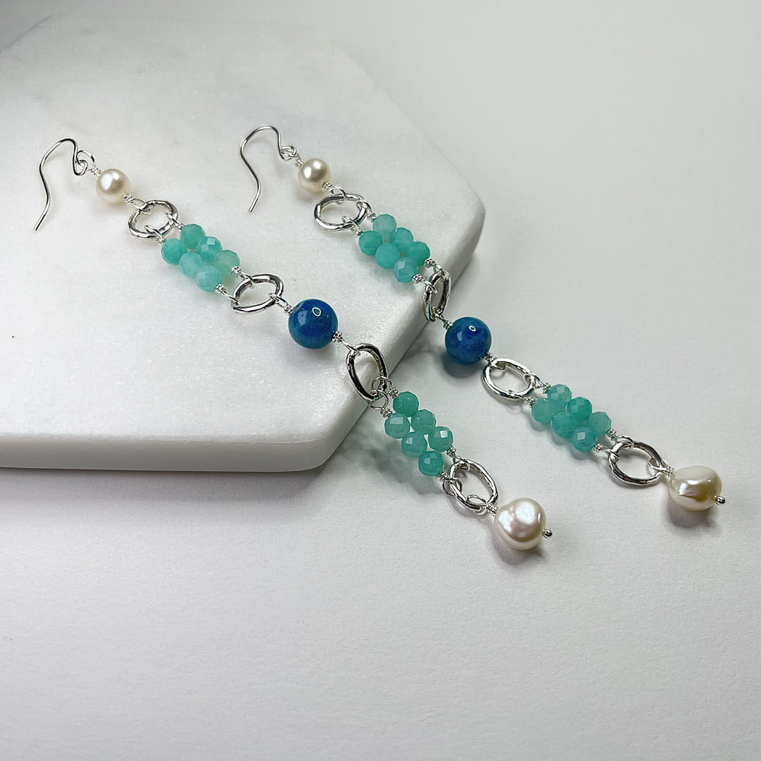 Amazonite, Neon Apatite and Pearl Long Party Dangles, Sterling