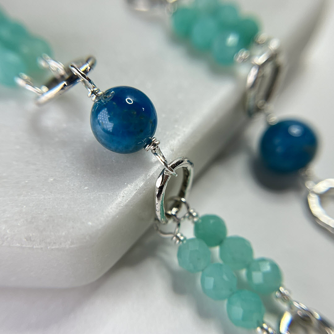 Amazonite, Neon Apatite and Pearl Long Party Dangles, Sterling