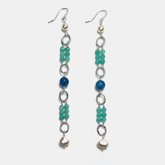 Amazonite, Neon Apatite and Pearl Long Party Dangles, Sterling