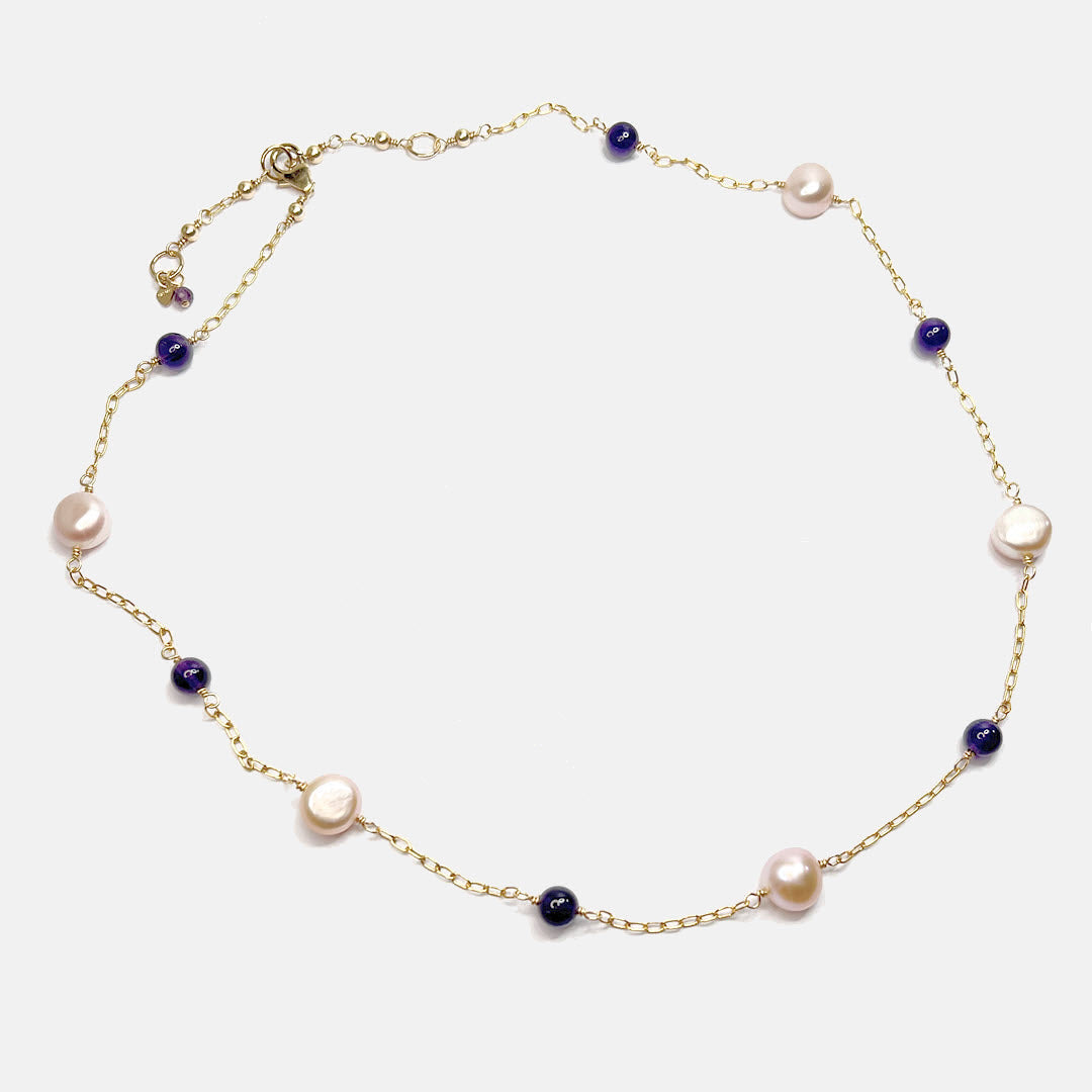 Pink Pearl and Amethyst Station Necklace, 14K Gold Fill