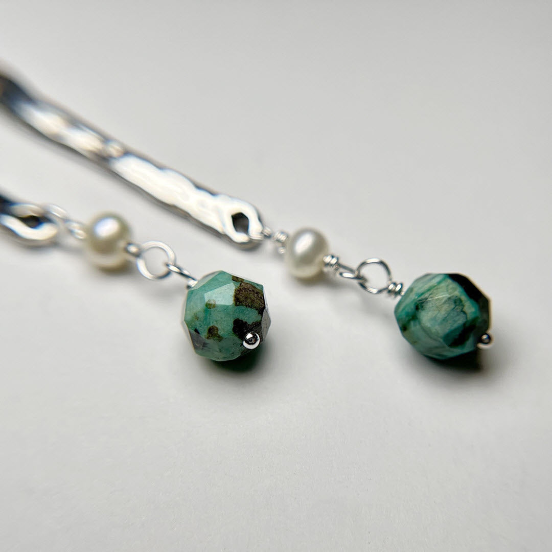 Amazonite, Pearl and African Turquoise Long Dangle Earrings, Sterling