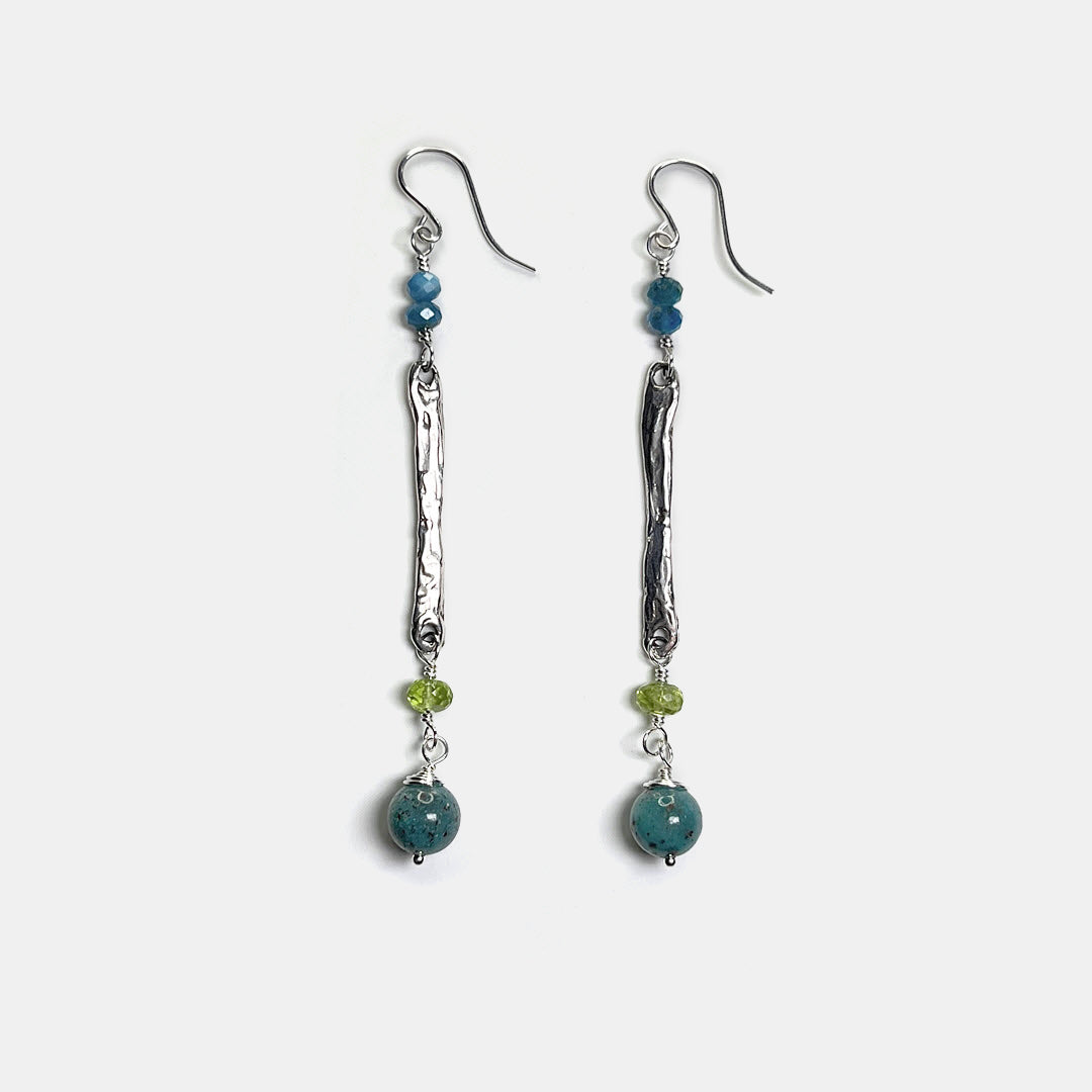 Apatite, Peridot and Chrysocolla Long Dangle Earrings, Sterling