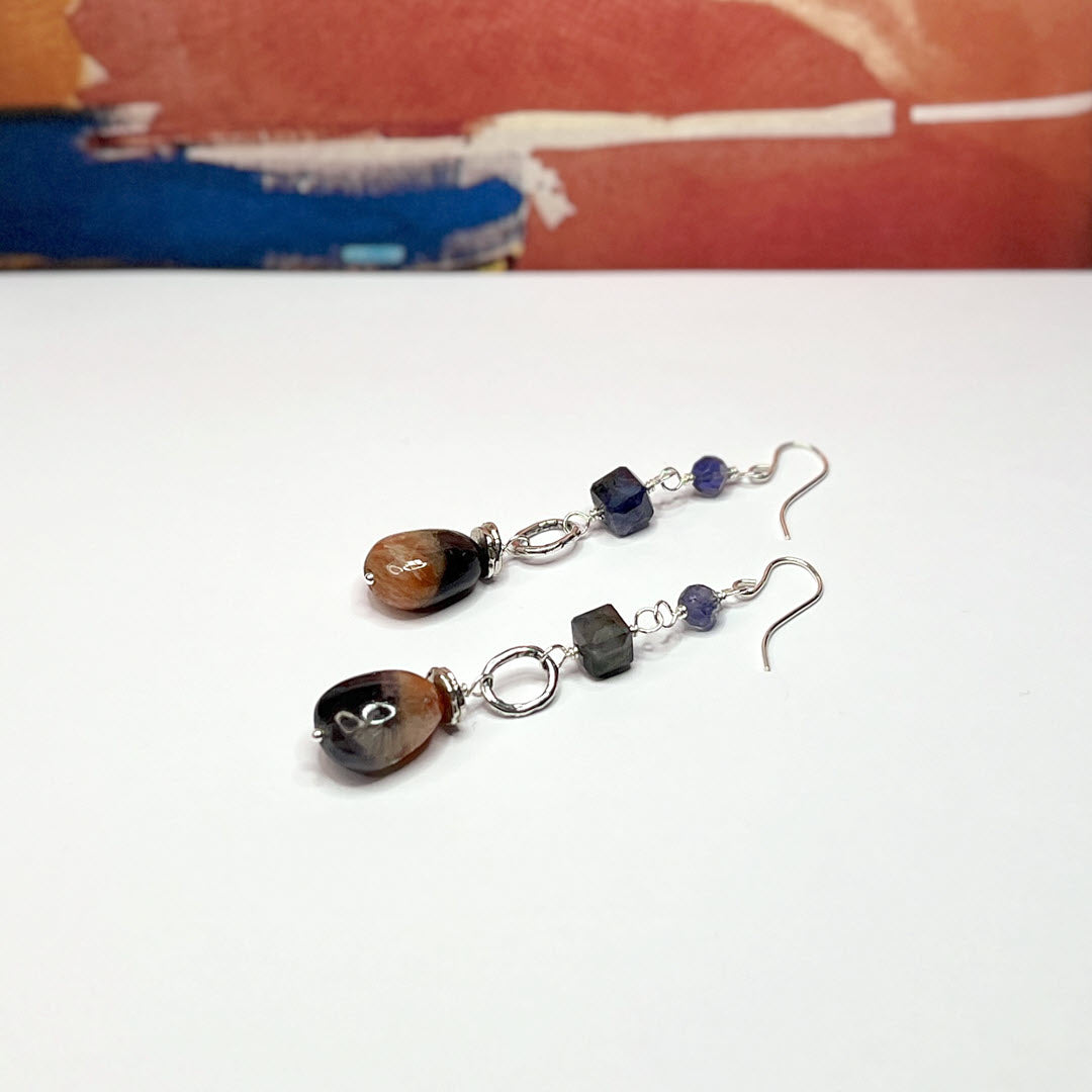 Iolite and Sunstone Triple Drop Dangle With Link, Sterling