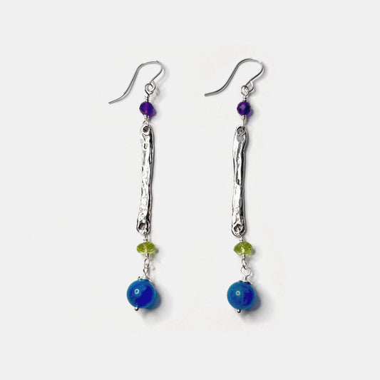Amethyst, Peridot and Apatite Long Dangle Earrings, Sterling