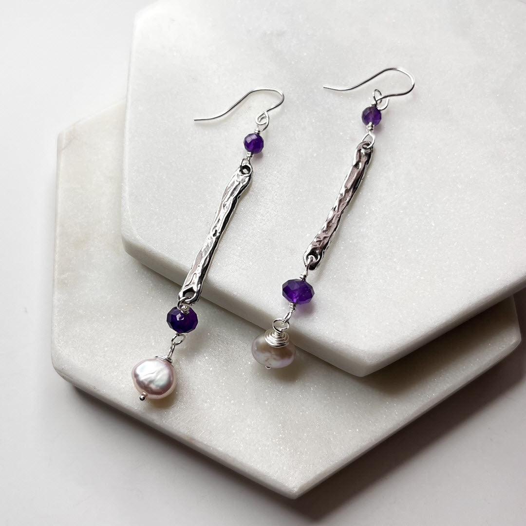 Amethyst and Pink Pearl Long Dangle Earrings, Sterling
