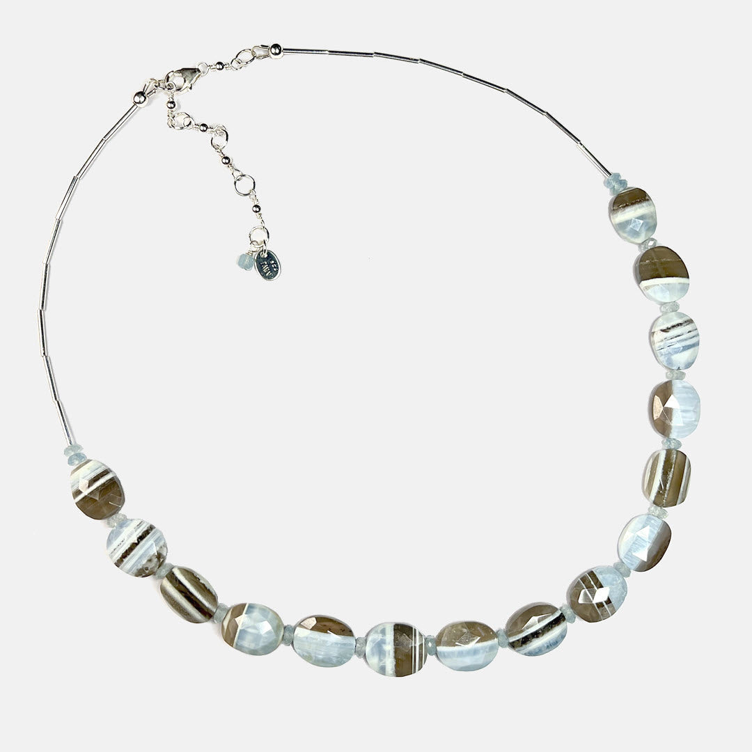 Banded Blue Opal and Aquamarine Necklace, Sterling