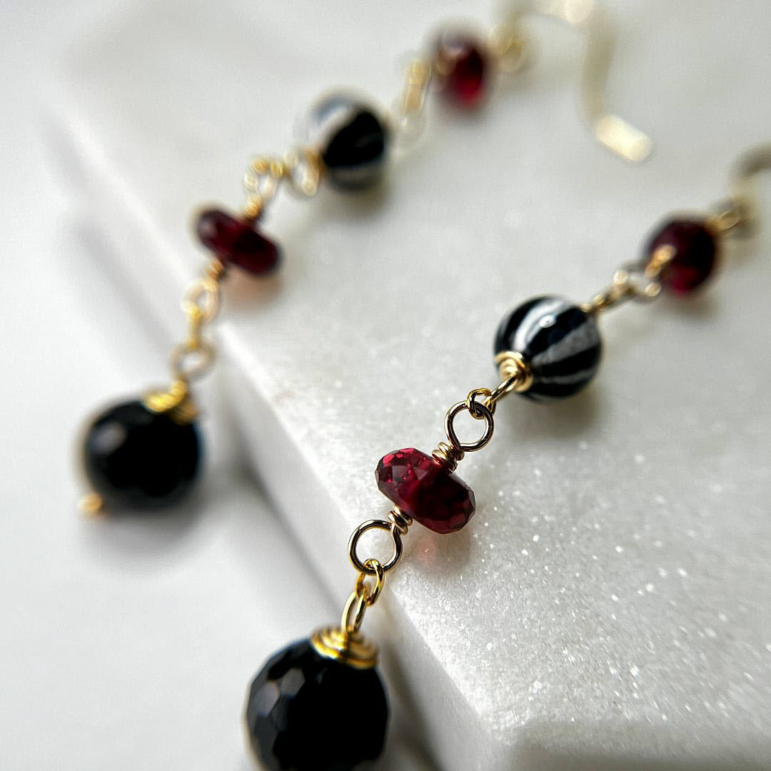 Red Garnet, Striped Agate and Black Tourmaline Dangle Earrings, 14K Gold Fill