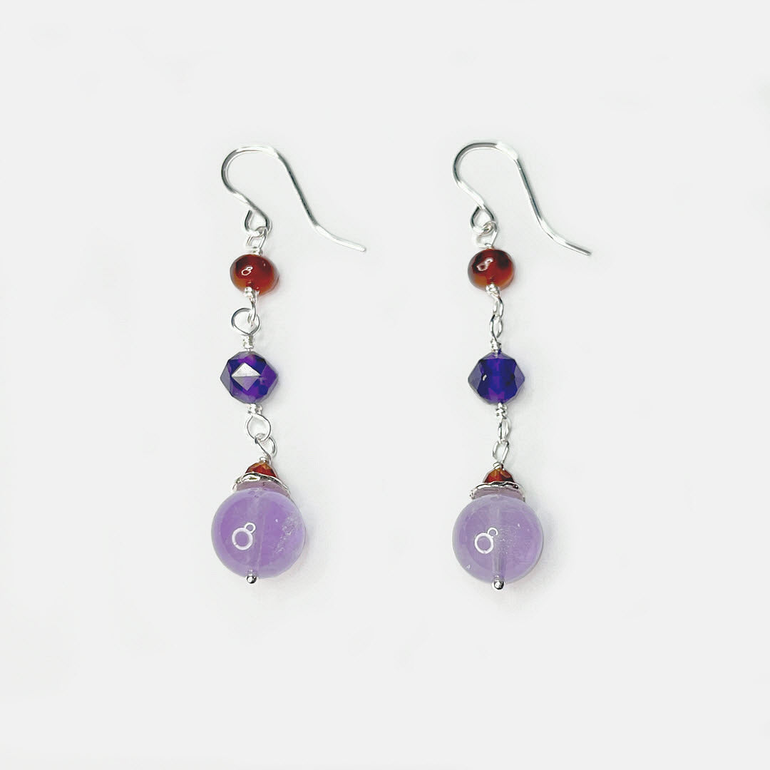 Hessonite Garnet and Amethyst Triple Drop Dangle, Sterling