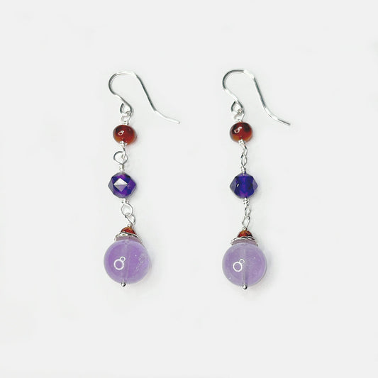 Hessonite Garnet and Amethyst Triple Drop Dangle, Sterling