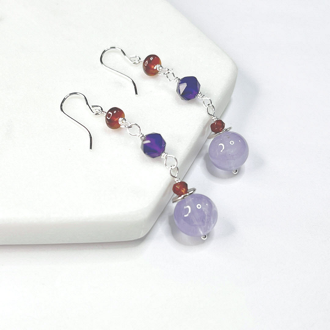Hessonite Garnet and Amethyst Triple Drop Dangle, Sterling