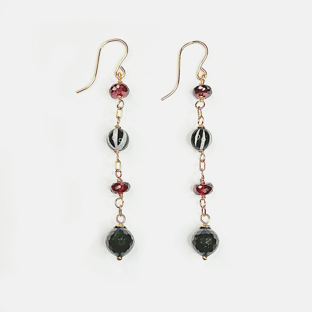 Red Garnet, Striped Agate and Black Tourmaline Dangle Earrings, 14K Gold Fill