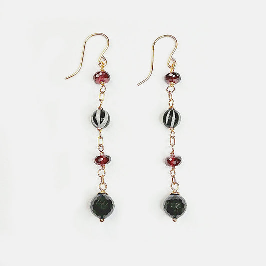 Red Garnet, Striped Agate and Black Tourmaline Dangle Earrings, 14K Gold Fill