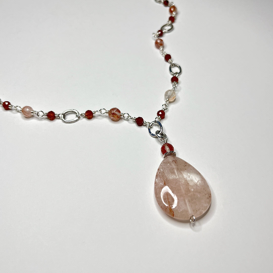 Blood Quartz and Hessonite Teardrop Pendant, Sterling