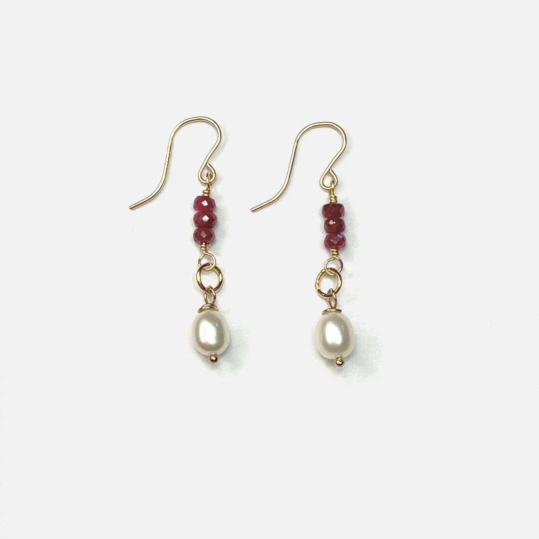 Petite Ruby Trio and Pearl Drop Earrings, 14K Gold Fill