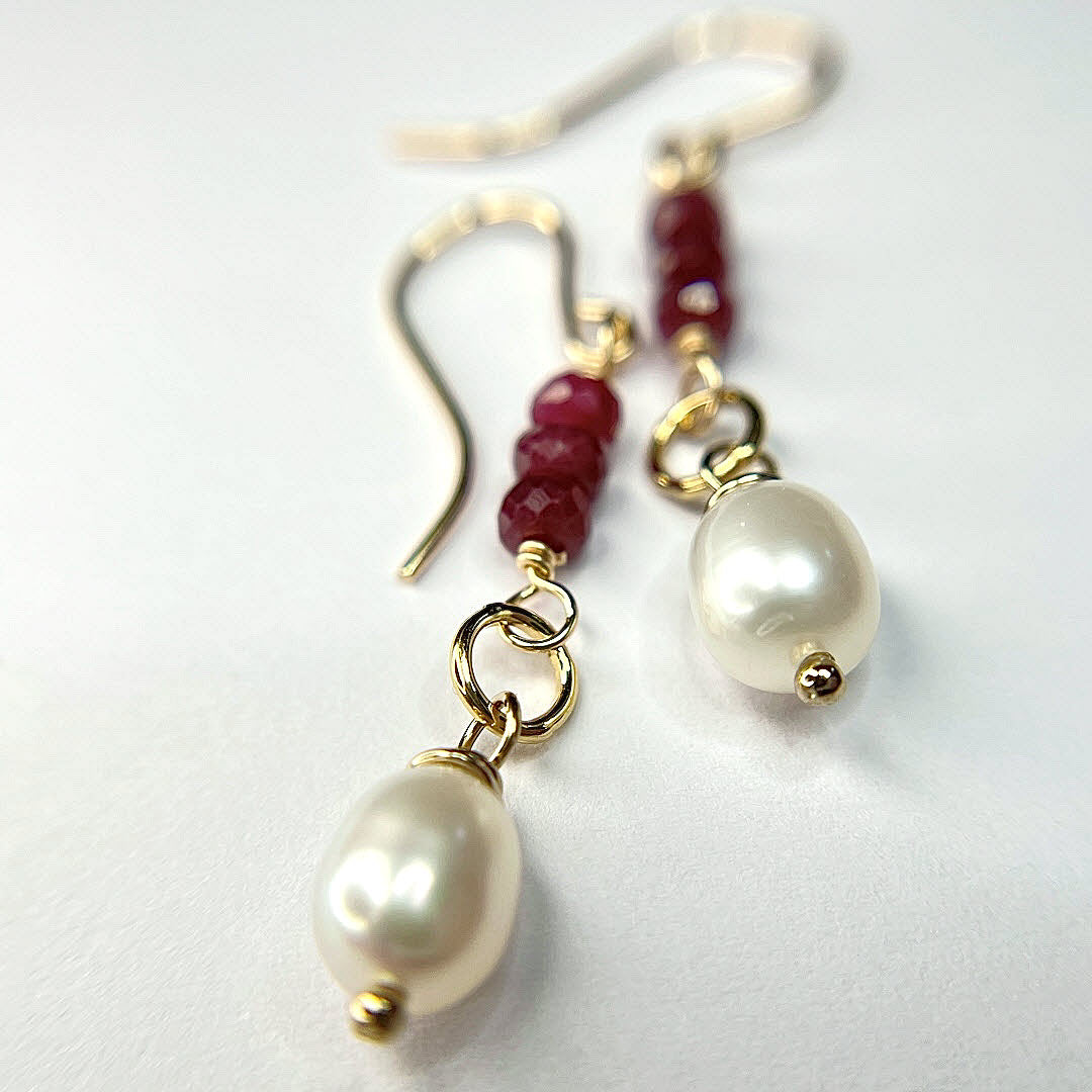 Petite Ruby Trio and Pearl Drop Earrings, 14K Gold Fill