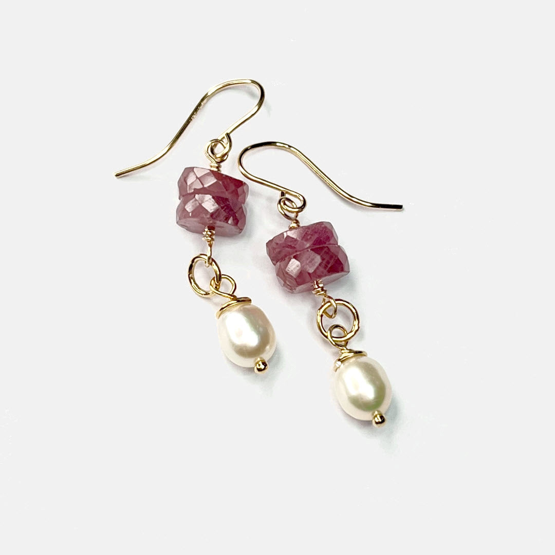 Ruby Tyre and Pearl Drop Earrings, 14K Gold Fill