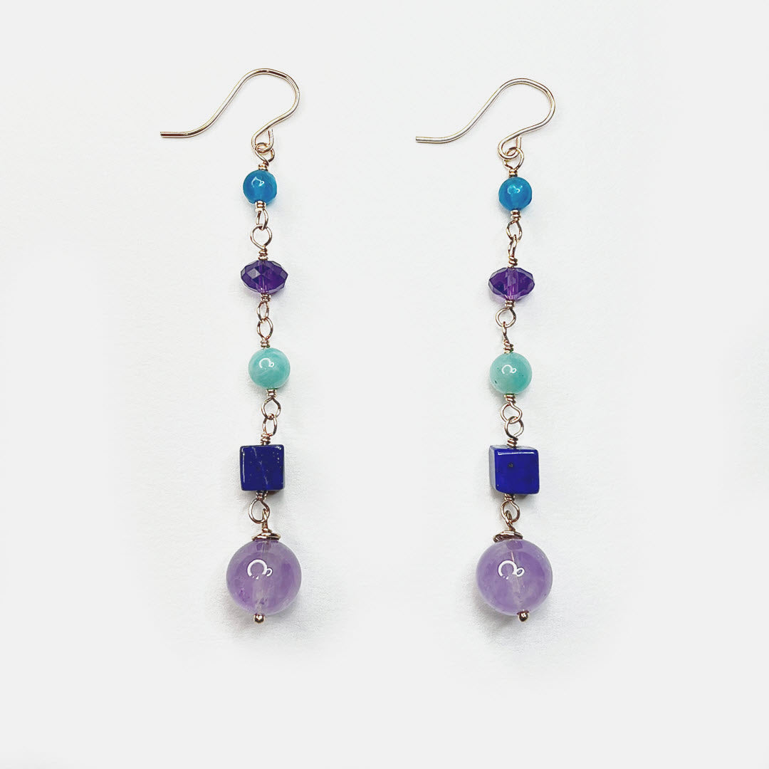 Multicolor 5-Stone Long Dangle Earrings, 14K Gold Fill