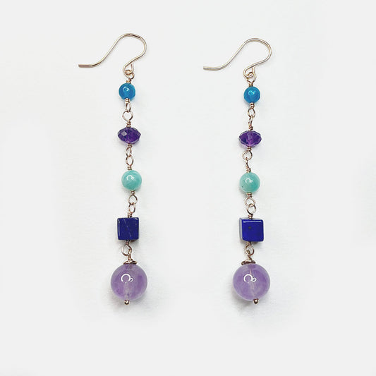 Multicolor 5-Stone Long Dangle Earrings, 14K Gold Fill