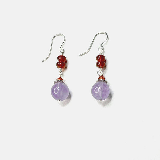 Hessonite and Lavender Amethyst Double Drop Dangle Earrings, Sterling